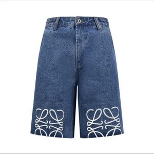 Blue Denim Shorts with White Embroidery